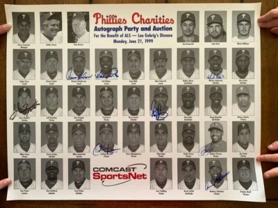 1999 PHILLIES ALS автограф вечеринки и аукциона подписанный плакат 8 подписей HAL MCRAE - Изображение 1 из 4
