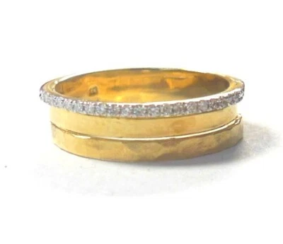 Anel de banda lisa martelado 20 diamantes ouro amarelo 14K sólido assinado por DY tamanho 7 - Imagem 1 de 4