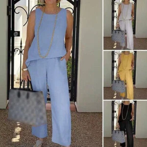 Women's Summer Cotton Linen Vest Wide Leg Loose Pants Set Casual Sportswear Set - Picture 1 of 15