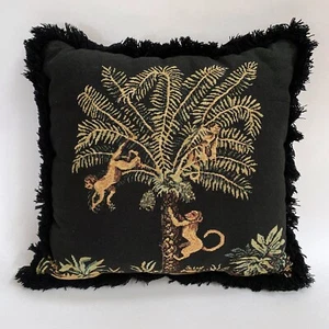 Monkey Tapestry Throw Pillow Tropical Palm Trees Black Embroidered 16" Fringe - Picture 1 of 8