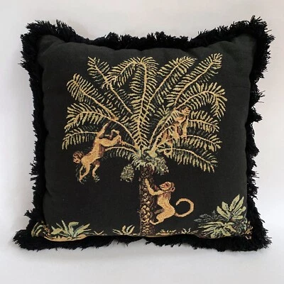 Monkey Tapestry Throw Pillow Tropical Palm Trees Black Embroidered 16" Fringe - Image 1 of 4
