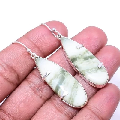Natural Serpentine 925 Sterling Silver Earring 1.95" E49, Christmas Gift - Image 1 of 4