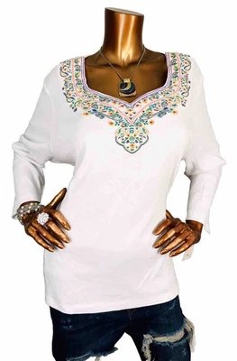 Blusa elástica Rafaella 2X Plus nueva con etiquetas $44 mangas 3/4 bordada suéter ligero Foto 1 de 4