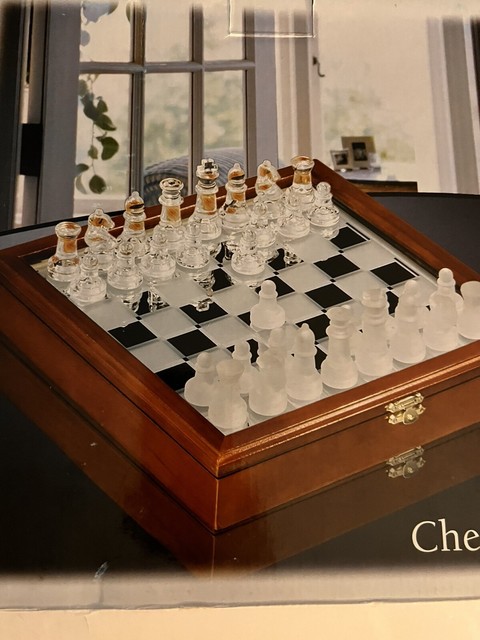 Fundex Etched Glass Chess Games Clear And Frosted Board Complete Set 15  Inch