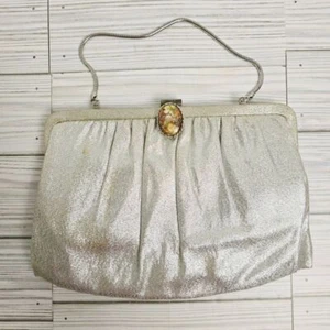 André Handbag Womens 9" Metallic Silver Clutch Cameo Top Clasp Italy Vintage - Picture 1 of 10