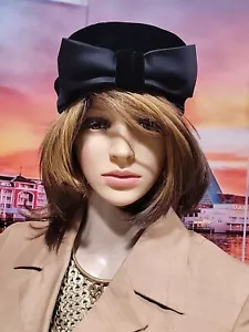FAVORETTE Fashion Union Made L Vintage Hat Black Velvet bow CIRCUMFERENCE 21" #W - Picture 1 of 9