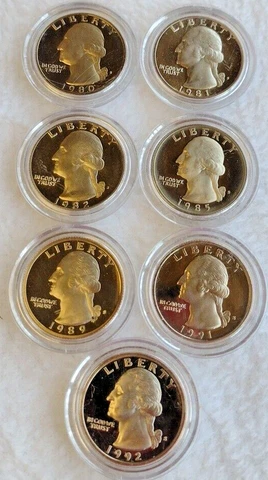 Proof Quarters..(1 from each yr) 1980, 1981, 1982, 1985, 1989, 1991, 1992 (A214) Cover