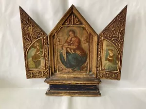 SACRED ART ICON ANTIQUE RELIGIOUS TRIPTYCH WOOD DEPICTING THE MADONNA AND SAINTS - Picture 1 of 15