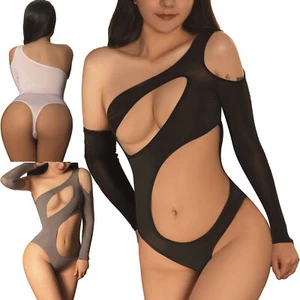 Women Cutout Bodysuit with Glove One Shoulder  Mesh Sheer Long Sleeve Lingerie - Picture 1 of 46