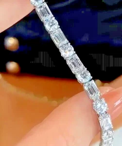 9CT Emerald & Round Cut Lab-Created Diamond Women Bracelet 14K White Gold Plated - Picture 1 of 8