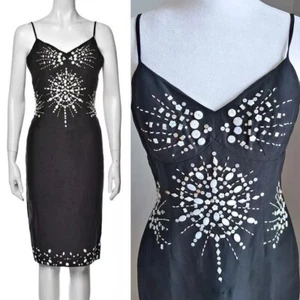 1990s Vintage Y2K Sue Wong Silk Dress Beaded Shells Linen Whimsigoth Size 8 - Picture 1 of 13