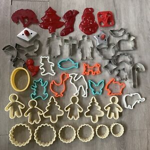 Vintage Aluminum & Plastic Christmas Cookie Cutters With  Handles Lot Of 43