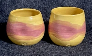 2 Studio Pottery Thumbprint Coffee Tea Cups Stoneware Mugs W Makers Mark UNIQUE - Picture 1 of 13