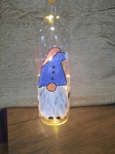 Hand Painted Lightup Bottle Gnome Design Pink and Blue 11 inches Tall ideal gift - Picture 1 of 4