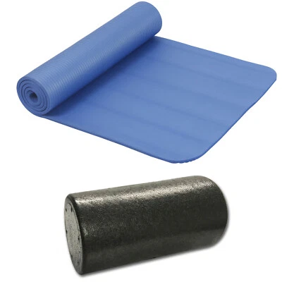 Set Gymnastikmatte Yogamatte 190x60x1 cm Blau & Yogarolle Faszienrolle Schwarz