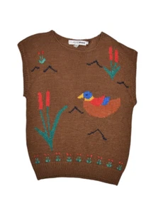 Chaus Sweater Womens XL Vest Brown Silk Blend Duck Pond Graphic Jumper Pullover - Picture 1 of 6