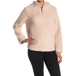 Forgotten Grace Women's Hooded Quarter Zip Faux Shearling Pullover in Tan Medium - Picture 1 of 3