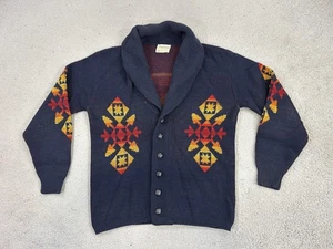 Vintage Pendleton Sweater Mens Large Navy Wool Shawl Collar Western Pattern 70s - Picture 1 of 13