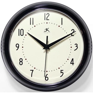 Infinity Instruments Wall Clock Retro 9.5" Round Black Glass Face Silent Quartz - Picture 1 of 7