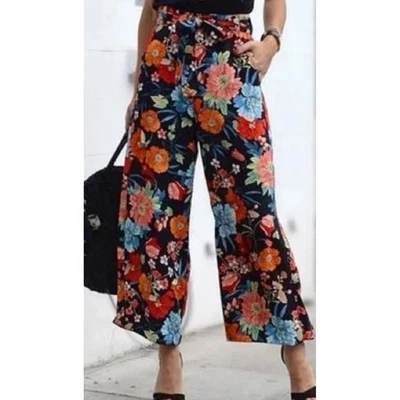 Zara Basic Floral Print Wide Leg Cropped Pants Women's Size XS Colorful - Image 1 of 4