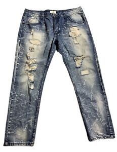 SMOKE RISE Men's Denim Jeans RN#82930 40X32 Rip And Repair Acid Wash Distressed