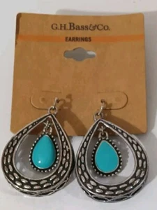 G H Bass & Co Silver Toned And Turquoise Ear Rings New - Picture 1 of 6