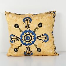 Suzani Ethnic Square Yellow Pillow Case Fashioned from a Mid-20th Century Uzbek