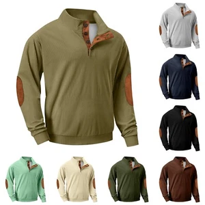 Mens Quarter Button Sweatshirts Stand Collar Corduroy Sweaters Long Sleeved Tops - Picture 1 of 36