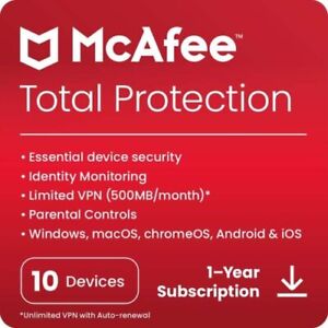 McAfee Total Protection 2023 1, 3, 5 et 10 appareils 1 an sécurité PC/Mac/téléphone