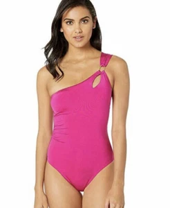 NWT $142 TRINA TURK SAKS *GETAWAY* PINK ONE SHOULDER PIECE MAILLOT SWIMSUIT US 4 - Picture 1 of 7