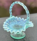 Vintage Fenton Baby Blue Opalescent Strawberry Pattern 6 1/2" Basket Crested