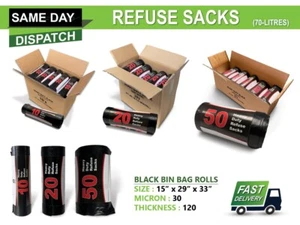 Heavy Duty Black Bin Liners / Bags - 70L- Rubbish, Refuse, Sacks, Rolls - Picture 1 of 4