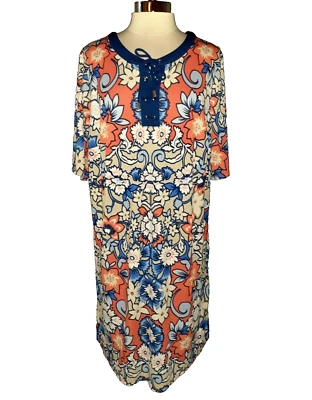LIZ CLAIBORNE Plus Size 2X Shift Dress Blue Beige Orange Floral Short Sleeve - Image 1 of 4