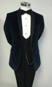 Mens Classic Blue Velvet Jacket Groomsman Wedding Party Wear Dinner Coat Pants - Picture 1 of 3