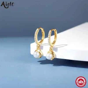 Aide 925 Sterling Silver Round Pearl Earrings Buckle Women's Round Hoop Earrings - Picture 1 of 9