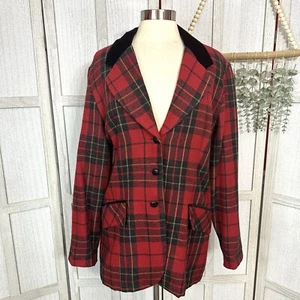 Vintage 90s Maggie Lawrence Red Tartan Plaid Jacket Wool Blend Velvet Collar L - Picture 1 of 7