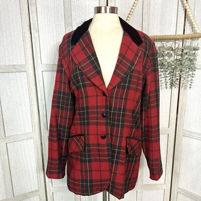 Vintage 90s Maggie Lawrence Red Tartan Plaid Jacket Wool Blend Velvet Collar L - Image 1 of 4