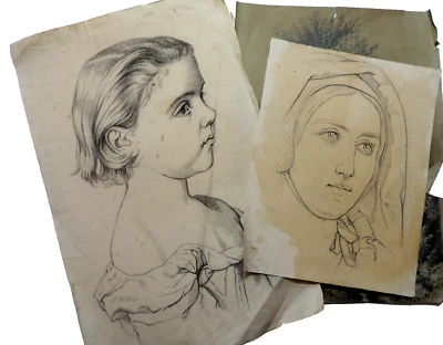 Bon lot 3 dessins à la Mine de Plomb signés " Pauline et Mathilde  Mauras. " - Photo 1/4