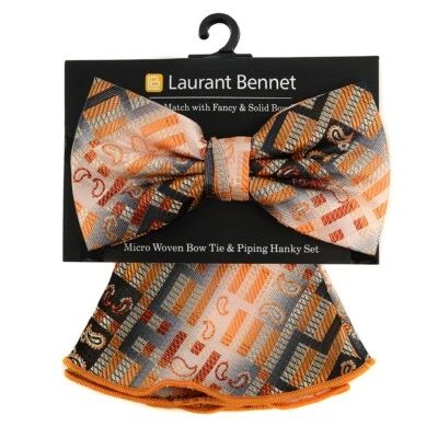 Orange Paisley Banded Bow Tie & Matching Hanky Pocket Round Set - Image 1 of 2
