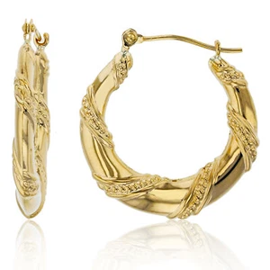 1" Italian Milgrain Twisted Hoop Earrings Real 14K Yellow Gold - Picture 1 of 2