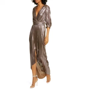 Ba$sh V Neck 3/4 Sleeve Metallic Zig Zag High Low Hem Dress Size Med $640 Retail - Picture 1 of 10