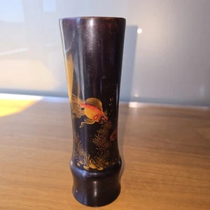 Vintage Hand Painted Wood Lacquerware Black Metallic Orange Koi Fish Vase 7.5” - Picture 1 of 12
