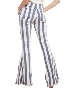 Altar'd State Blue & White Mid Rise Striped Flare Bell Bottom Raw Hem Small Jean - Picture 1 of 10