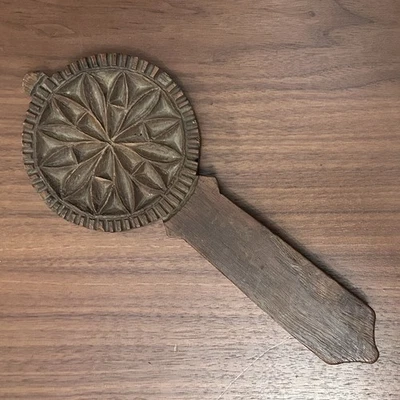 Antique Carved Wood Primitive Lollipop Butter Print Stamp Flower Rosette Pattern - Image 1 of 4