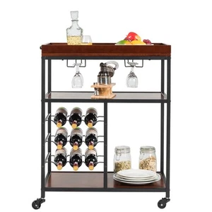 Kitchen 3 Tier Storage Trolley Utility Bar Serving Cart w/Wine Rack&Glass Holder - Picture 1 of 8