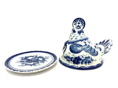 Plato de mantequilla de pollo de porcelana azul blanco decorativo ruso Pyyhar Pabota usado Foto 1 de 4