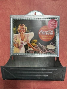 Vintage Coca Cola Tin Planter/Large Matches Holder- Pin up with Soda & Popcorn. - Picture 1 of 11