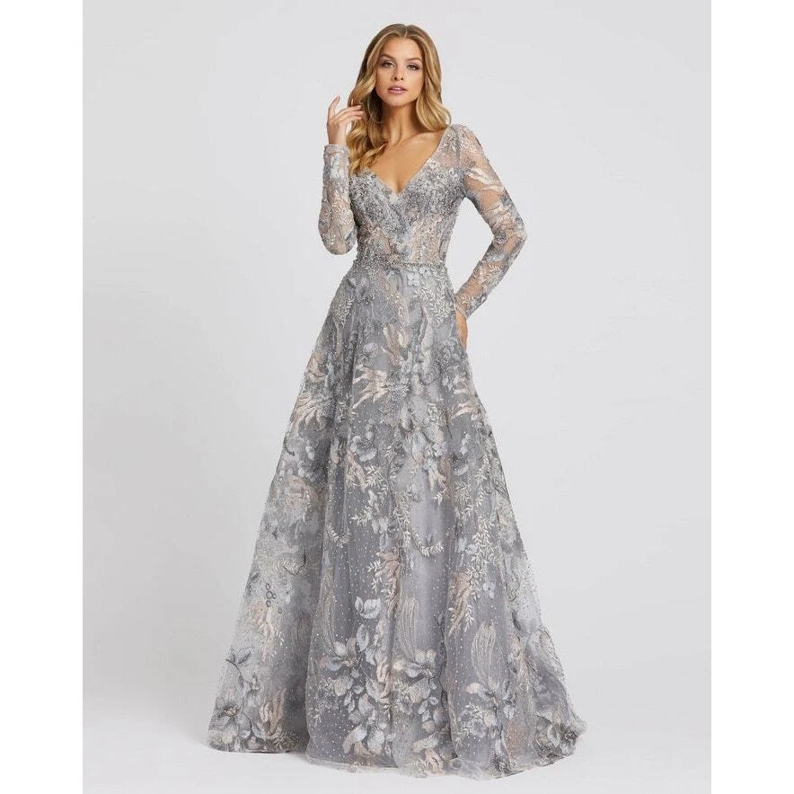 Платье Mac Duggal 20214 кружевное трапециевидное вышитое бисером винтажное сиренево-серое размер 2 - Изображение 1 из 4