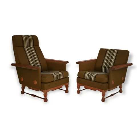 1970s, Danish design, set of armchairs, oak wood, wool, original condition Cover