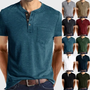Mens Short Sleeve Henley T-shirt Casual Grandad Button Neck Solid Tee Shirts Top - Picture 1 of 24